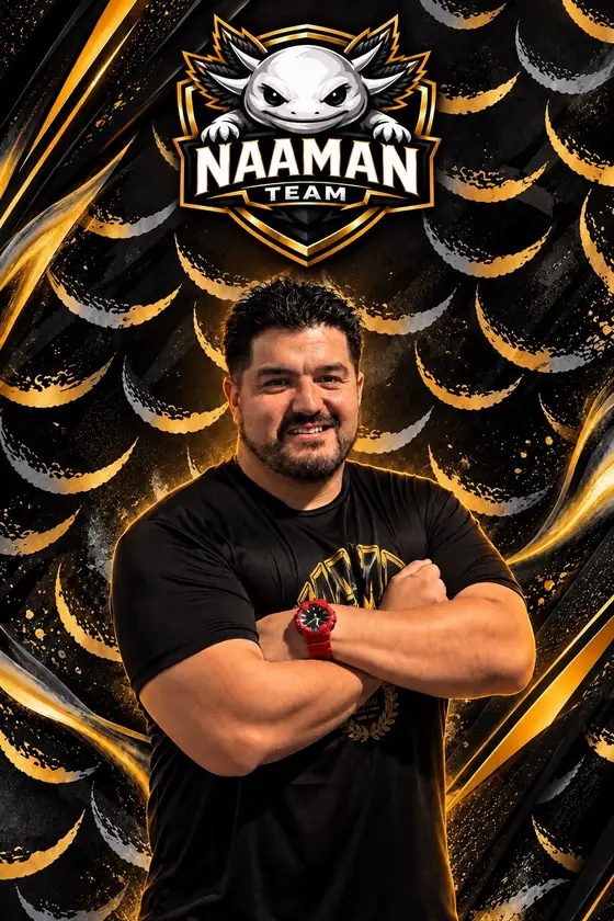 Coach Adrián Arturo Morales con los brazos cruzados, playera NAAMAN Team